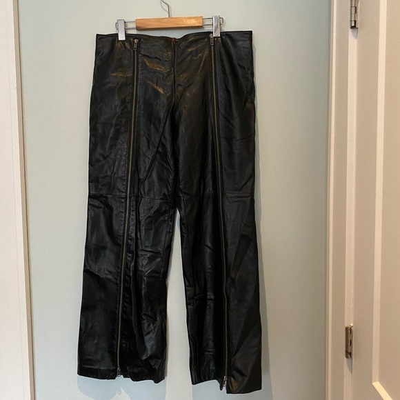 Genuine leather wide leg vertical zipper-front pants - Picture 1 of 6